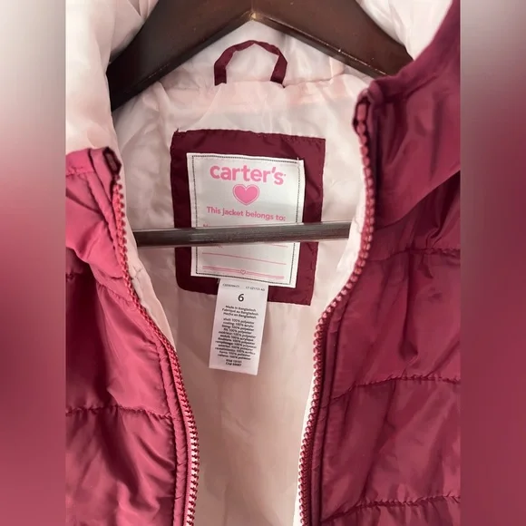 Carter’s girls puffer jacket size 6 burgundy water resistant NWT
